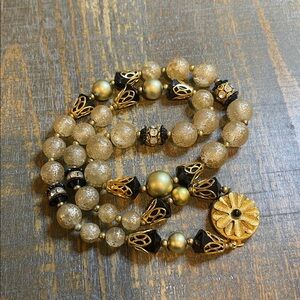 1940’s Gold & Black Decorative Clasp Beaded Rhinestone Necklace